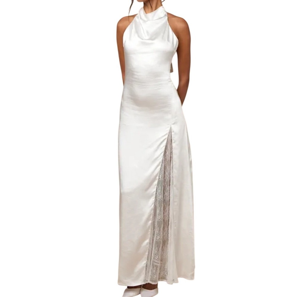 NWT Lulu's Concetta Ivory Satin Lace Halter Maxi Dress